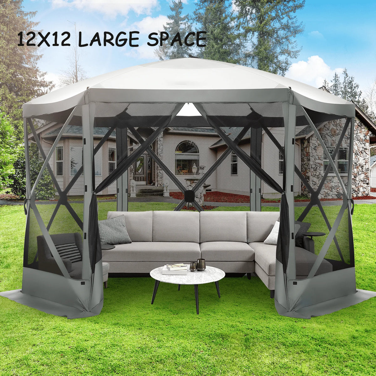 COBIZI 12'x12' Pop-up Gazebo Outdoor Camping Tent with 6 Sides Mosquito Netting, Waterproof, UV Resistant, Portable Screen House Room, Easy Set-up Party Tent with Carry bag, Ground Spike, Brown