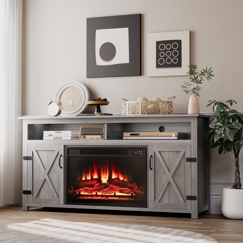 Homall Rustic 65" Television Stand with Electric Fireplace & 2 Shelves, Wood Oaken, 15.1'' W