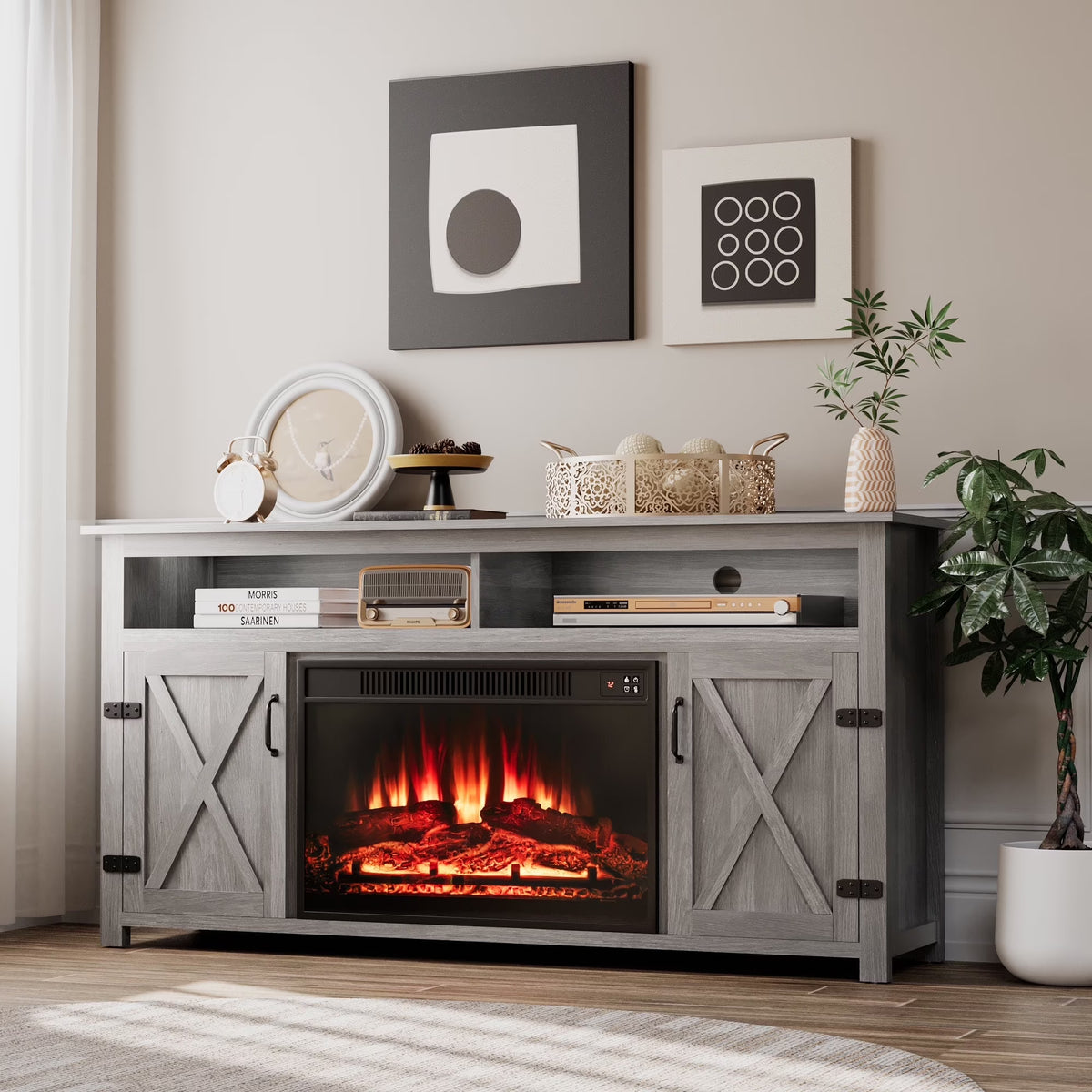 Homall Rustic 65" Television Stand with Electric Fireplace & 2 Shelves, Wood Oaken, 15.1'' W