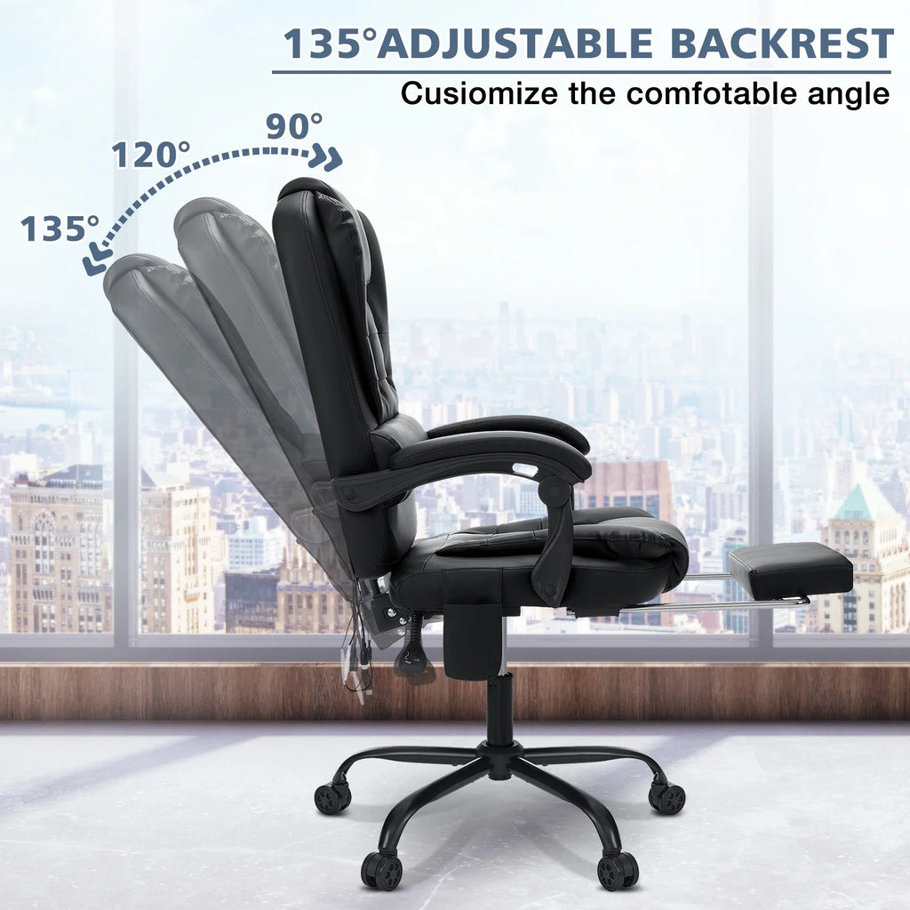 Hoffree Executive Office Chair Massage High Back Leather Office Chair with Footrest Reclining Computer Desk Chair Lumbar Back Support Swivel Rolling for Home Office Black