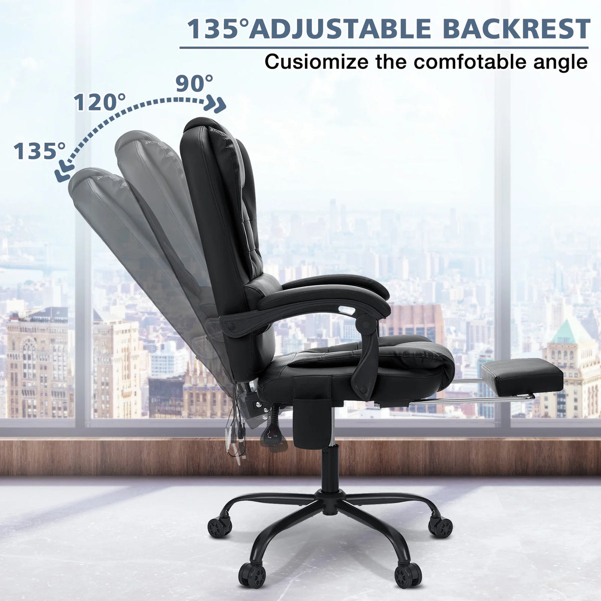 Hoffree Executive Office Chair Massage High Back Leather Office Chair with Footrest Reclining Computer Desk Chair Lumbar Back Support Swivel Rolling for Home Office Black