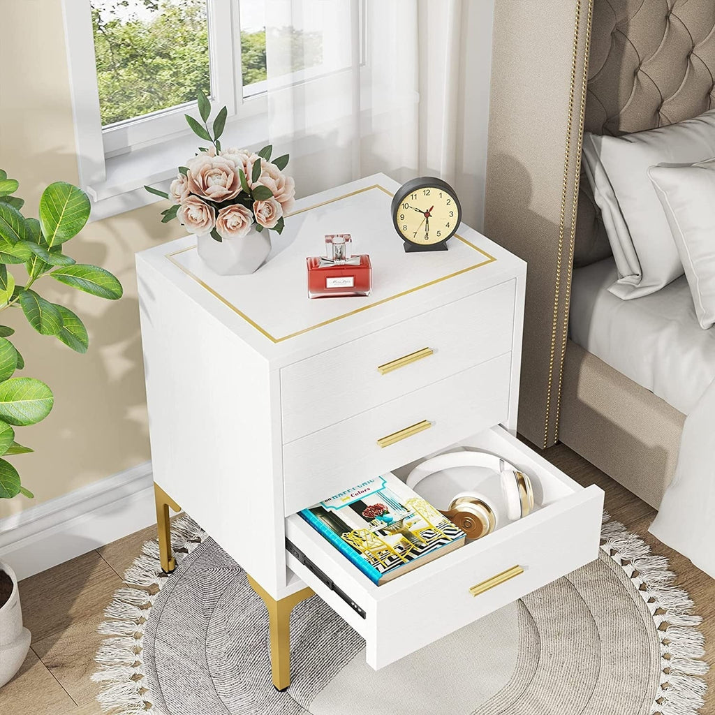 White Gold Nightstand, Modern 3 Drawers Bed Side Table for Bedroom 2 Pcs