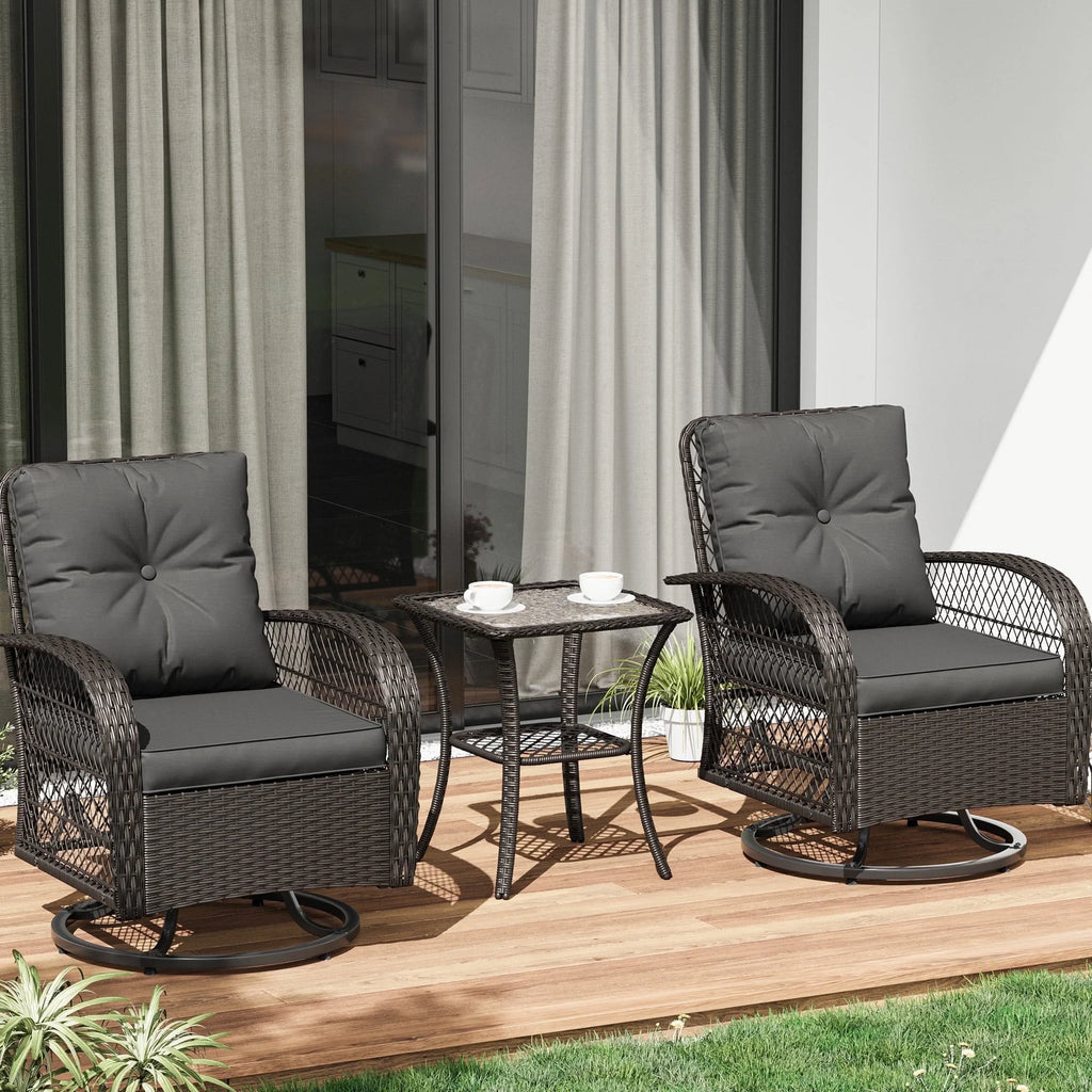 ELPOSUN 3 Pieces Patio Furniture Set, Outdoor Swivel Gliders Rocker, Wicker Patio Bistro Set with Rattan Rocking Chair, Glass Top Side Table and Thickened Cushions for Porch Deck Backyard