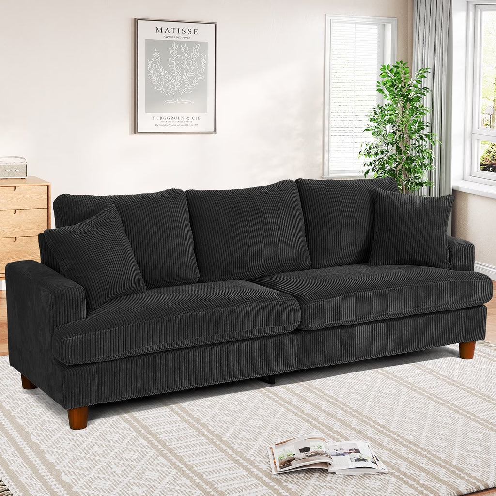 87" Corduroy Sofa,3 Seater Sofa with Extra Deep Seats,Neche Comfy Upholstered Couch for Living Room,2 Pillows,Green