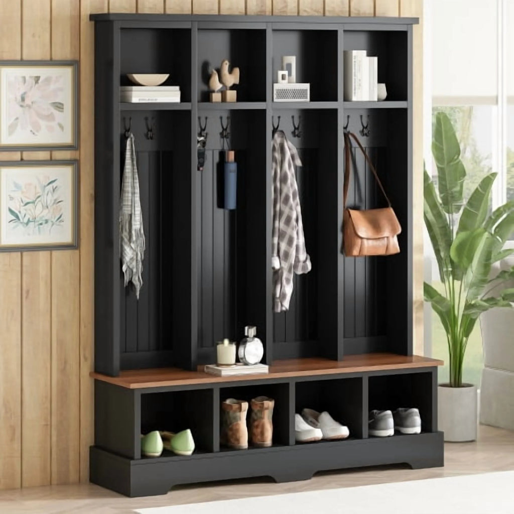 Farmhouse Hall Tree with Bench, 59" Wide Entryway Organizer with 8 Hooks & Storage Compartments, Modern Coat Rack & Shoe Bench for Mudroom,White