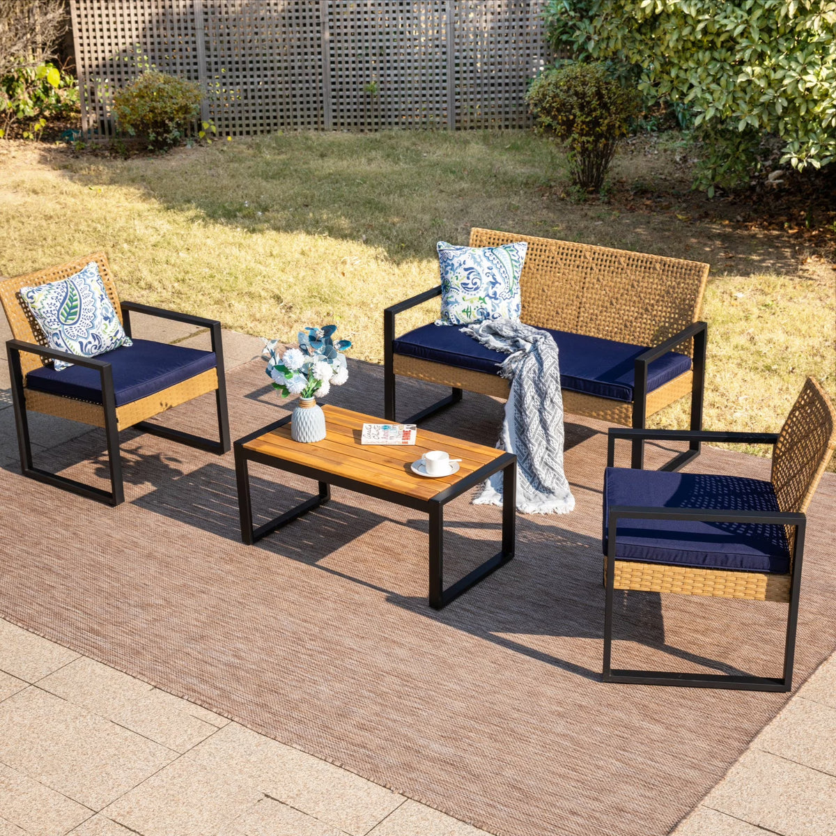 MF Studio 4-Piece All-Weather Rattan Patio Furniture Set, Outdoor Conversation Set with Wood Table, Brown and Beige