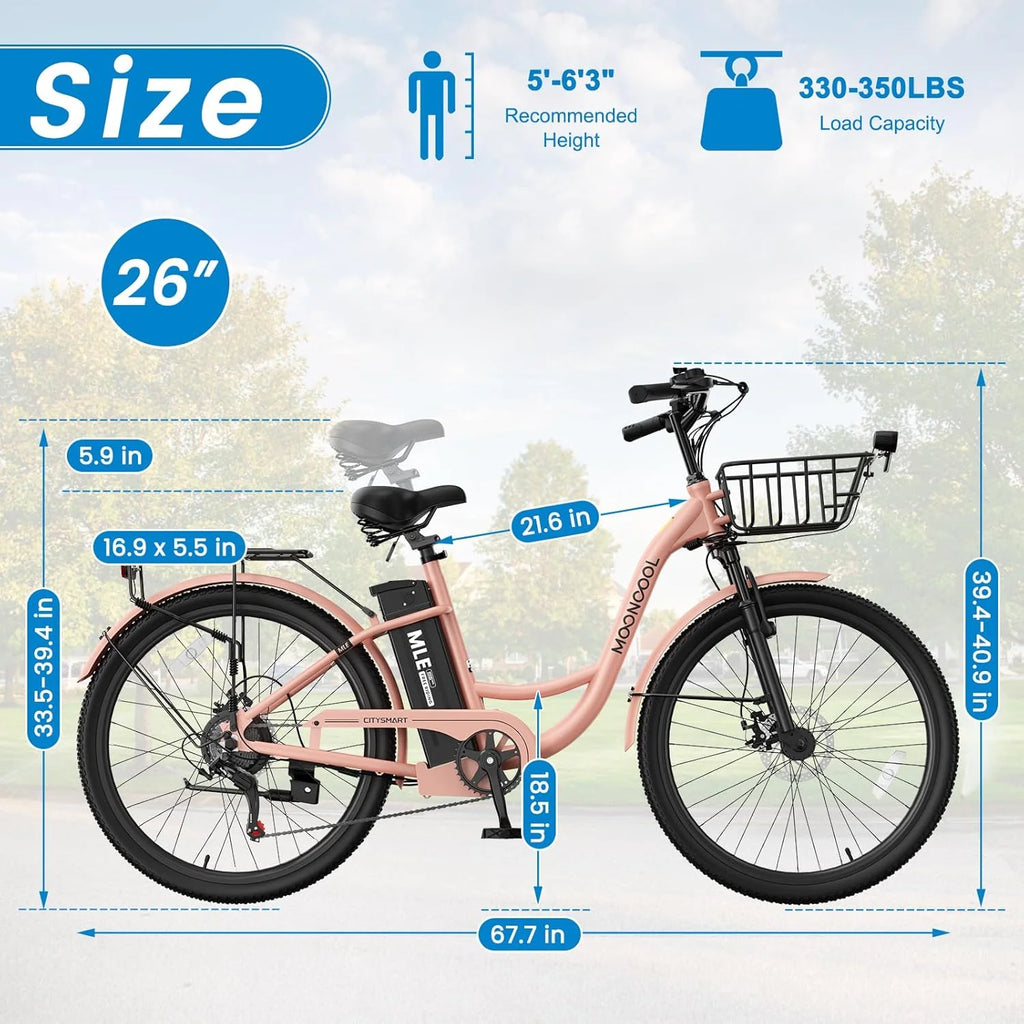 MOONCOOL Electric Bicycle for Adults 350W , 7-Speed Ebike with 36V 10.4Ah Removable Battery， 40 Miles Range , 20 mph Electric Commuter Bike for Women Men, Certified to UL 2849 by SGS