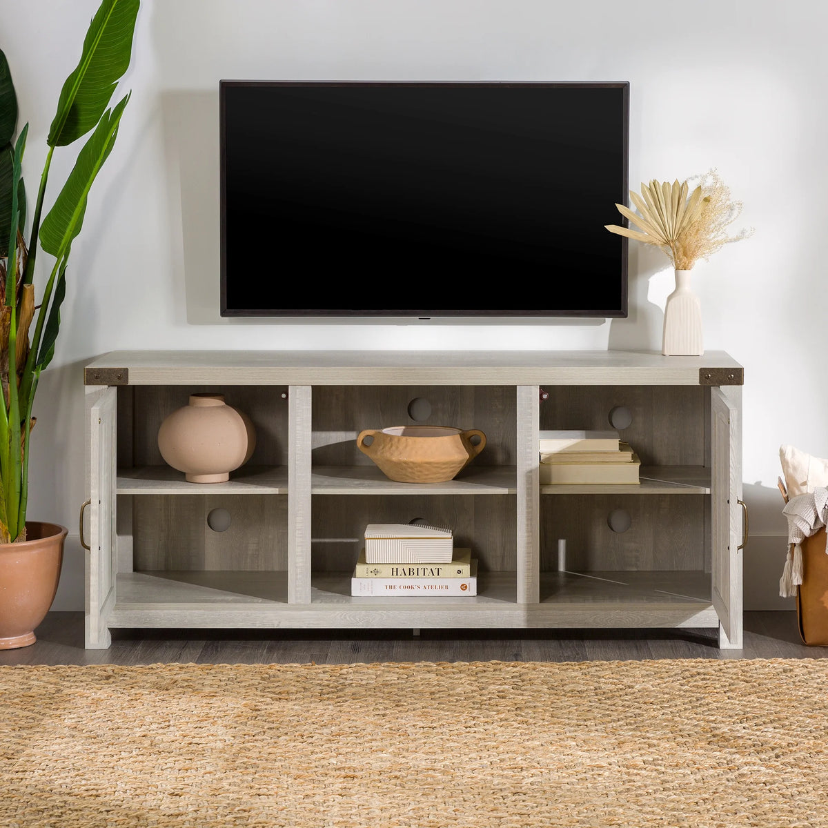 Walker Edison Modern Farmhouse Barn Door TV Stand for TVs up to 65", Grey Wash