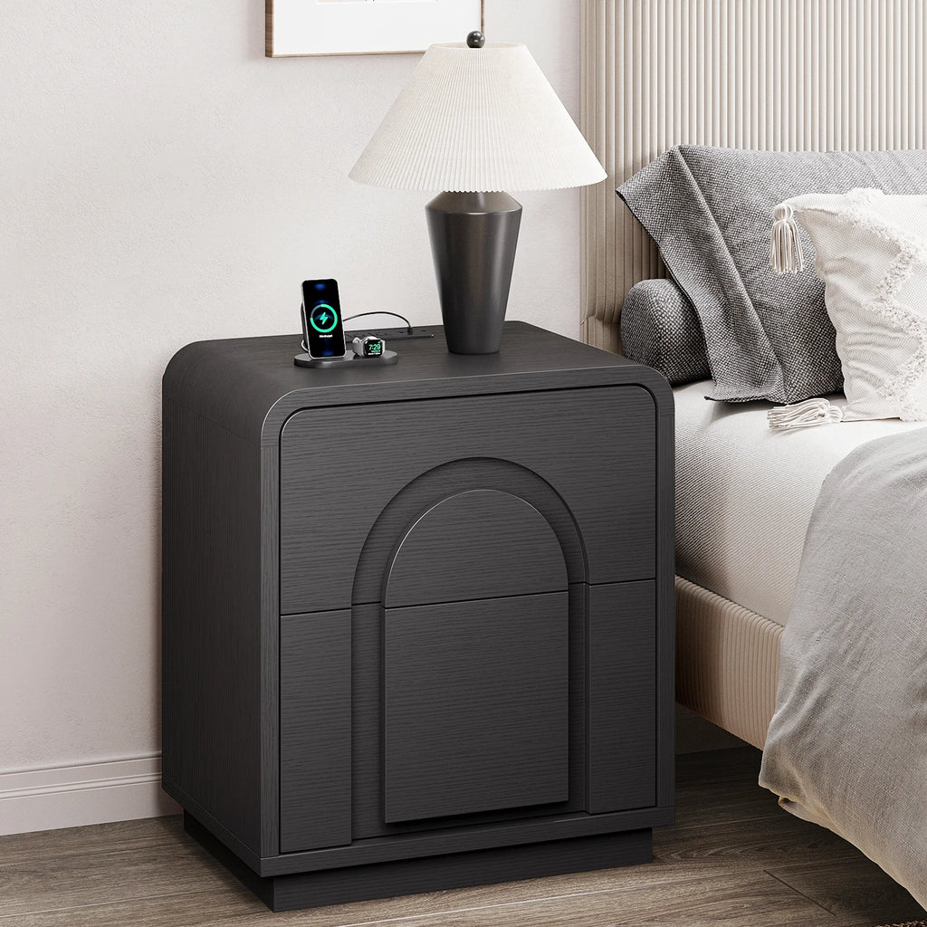 Bestier Nightstands Set of 2 with Charging Station, Modern Bedside Table End Table with Storage Drawer & Open Shelf for Bedroom Living Room Dorm Office, Natural