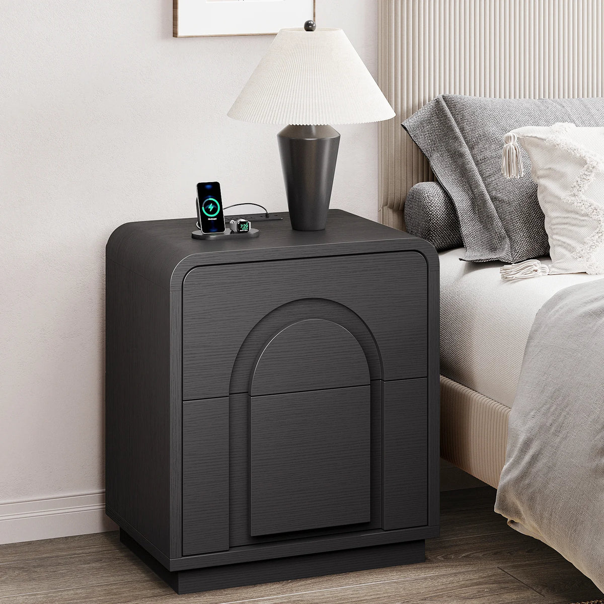 Bestier Nightstands Set of 2 with Charging Station, Modern Bedside Table End Table with Storage Drawer & Open Shelf for Bedroom Living Room Dorm Office, Natural