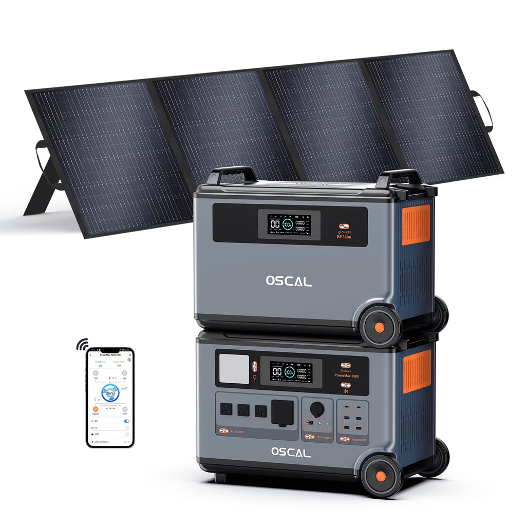 OSCAL PowerMax 6000 Portable Power Station, 3600Wh LiFePO4 Battery with 6000W Output, BP3600 Expansion Battery & 200W Solar Panels, Solar Generator for Camping, Home, Outdoor, Emergency Use