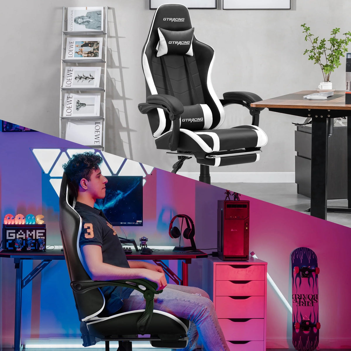 GTRACING GTWD-200 Ergonomic Gaming Chair with Adjustable Pillows and Footrest , White