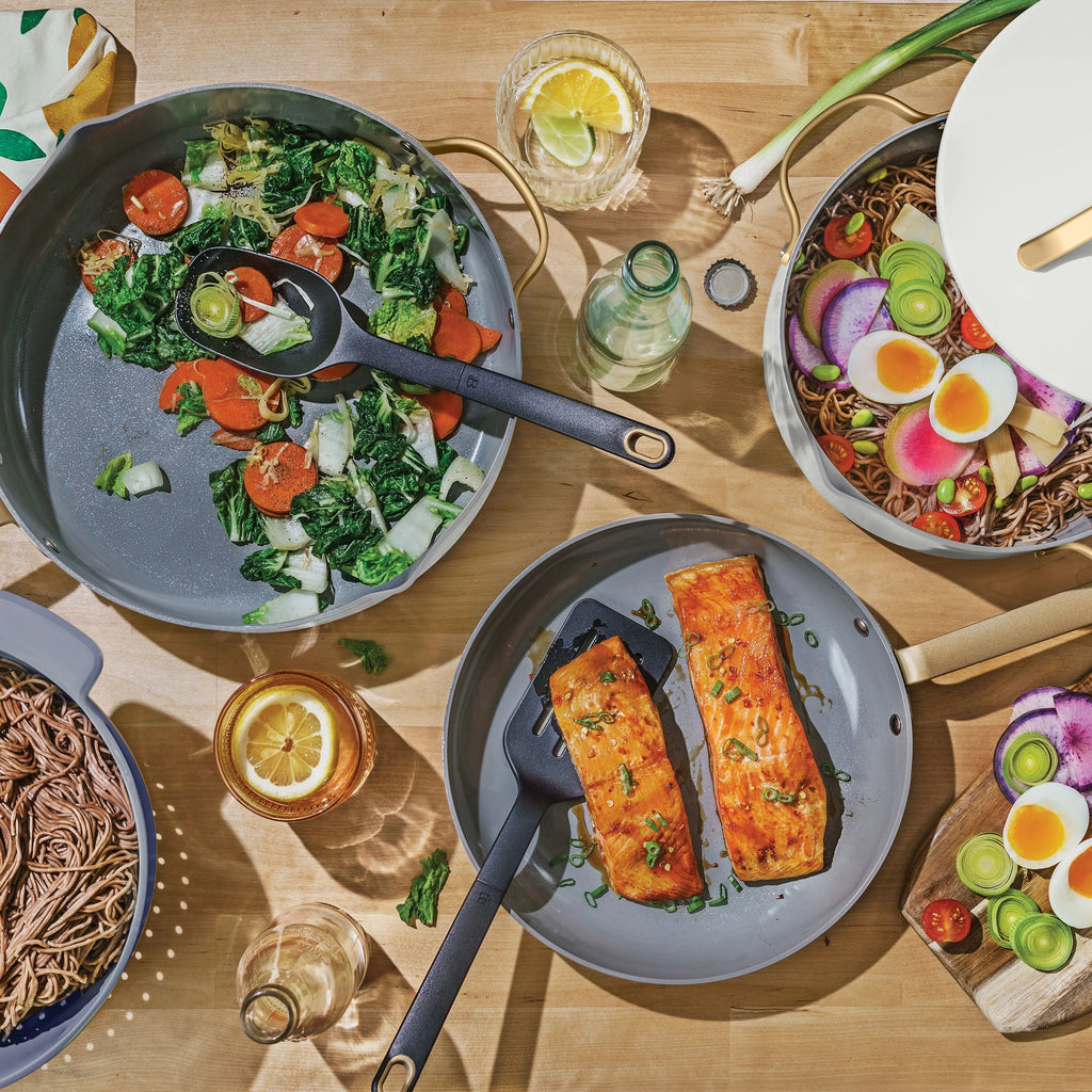 Beautiful 12pc Ceramic Non-Stick Cookware Set with Strainer Lids, White Icing by Drew Barrymore