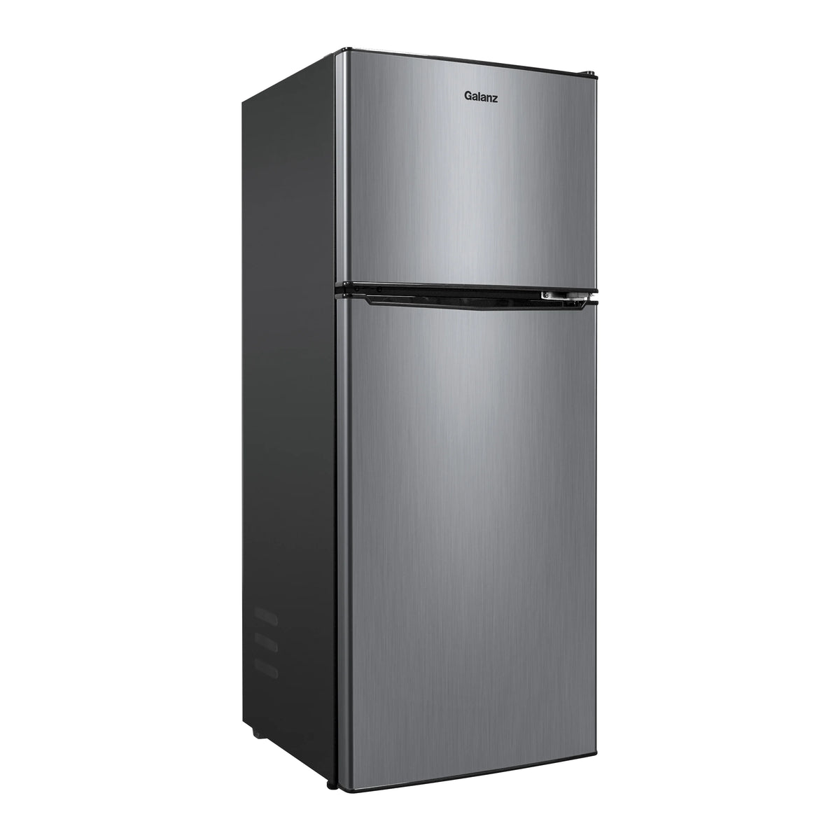 Galanz 4.6. Cu ft Two Door Mini Refrigerator with Freezer, Stainless Steel, New, Width 19.13"