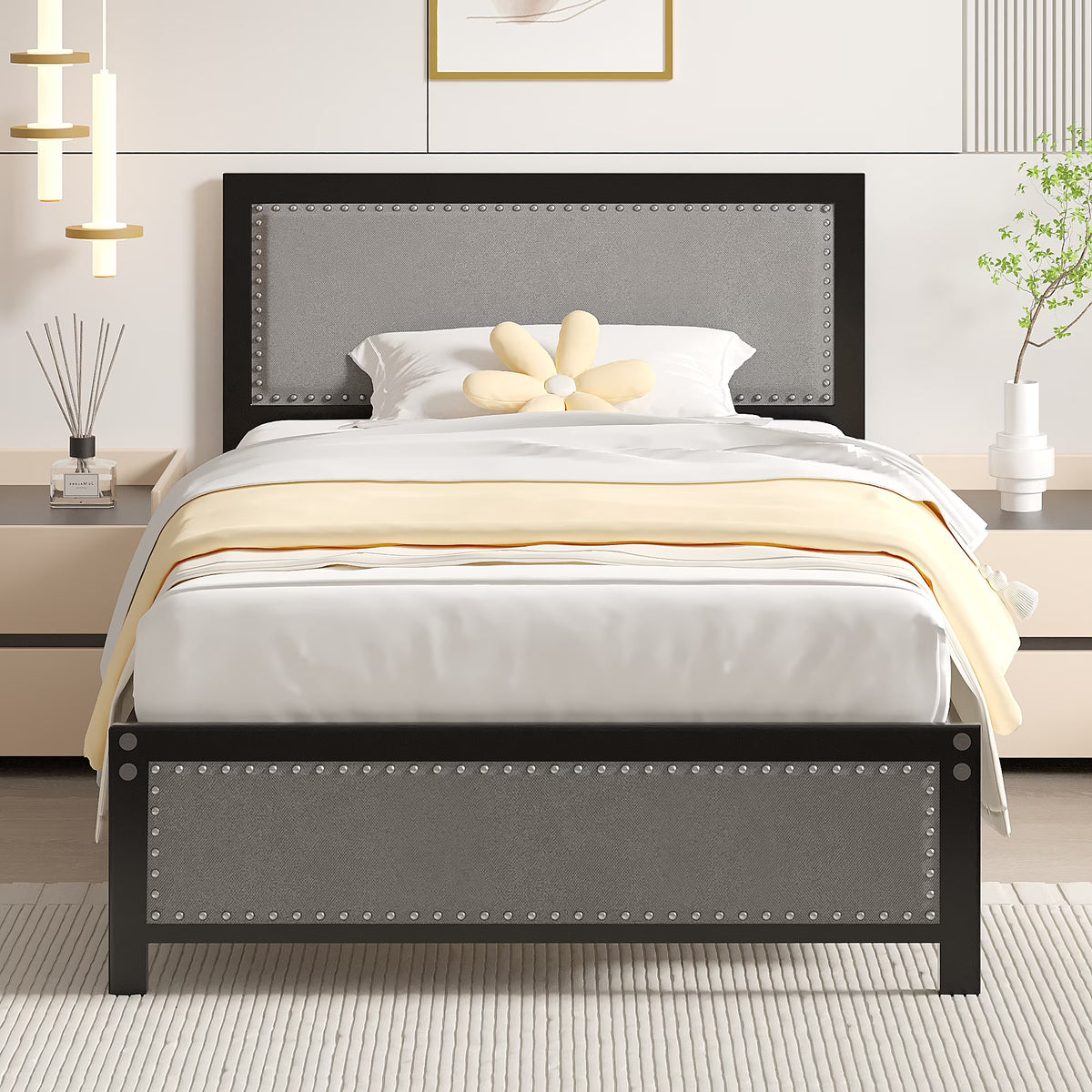 VECELO Queen Size Bed Frame Metal Platform Bed with Upholstered Headboard, No Box Spring Needed, Black