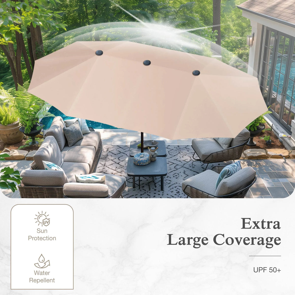 Alpha Joy 8-Piece Outdoor Patio Dining Set with 13 ft Umbrella, Rattan Chairs & Rectangle Table Set for 6, Beige Umbrella