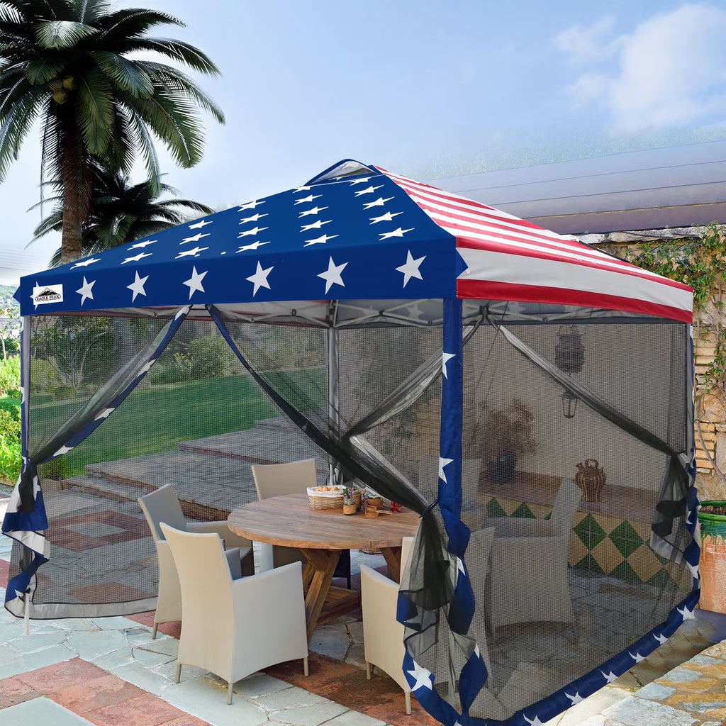EAGLE PEAK 10 x 10 Outdoor Easy Pop up Canopy with Netting, Instant Screen Party Tent with Mesh Side Walls, American Flag