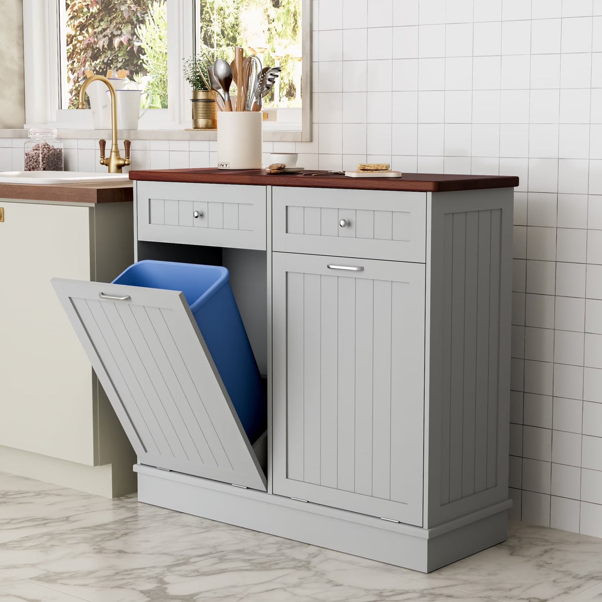 GETYES Double Tilt Out Trash Cabinet, Wooden Recycling Cabinet, 35.83 x 12.99 x 39.37 inches, White