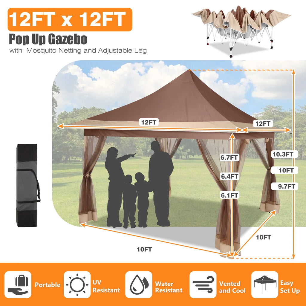 HOTEEL 12x12 EZ Pop Up Gazebo Tent with Sidewalls,Patio Gazebo Instant Shelter for Outdoor Party Camping Backyard Beach with Carry Bag,Stakes,Ropes,Gray