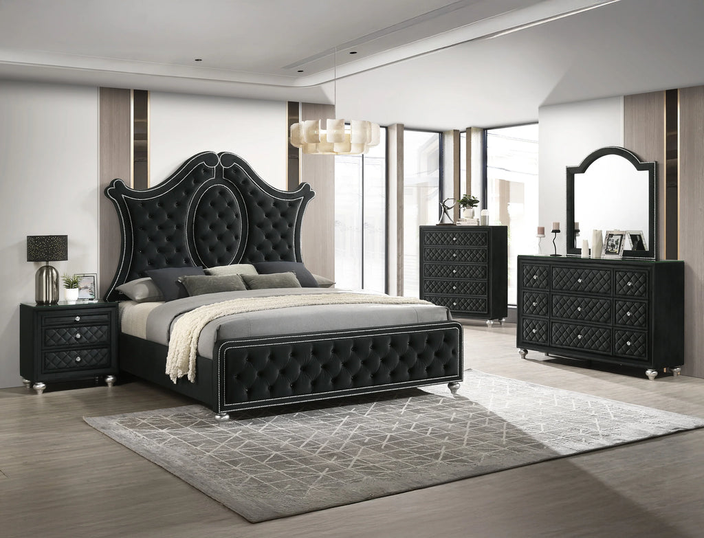 Nightstand for Bedroom 1pc Traditional Glam 3-Drawer Nightstand Velvet Tufted Drawer Front Jewelry Tray Faux Crystal Drawer Knobs Black,Wooden Nightstand