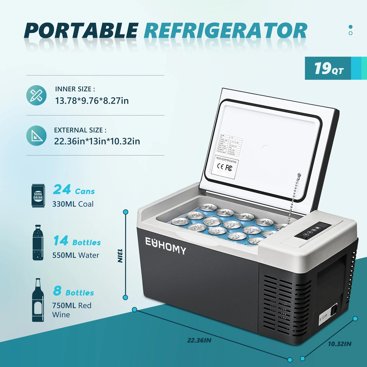 EUHOMY 12 Volt Refrigerator, 18QT Compressor Electric Cooler, Car Fridge -4�H~68�H, Portable Refrigerator 12/24V DC 110-240V AC, Portable Freezer for Camping, Travel, Boat