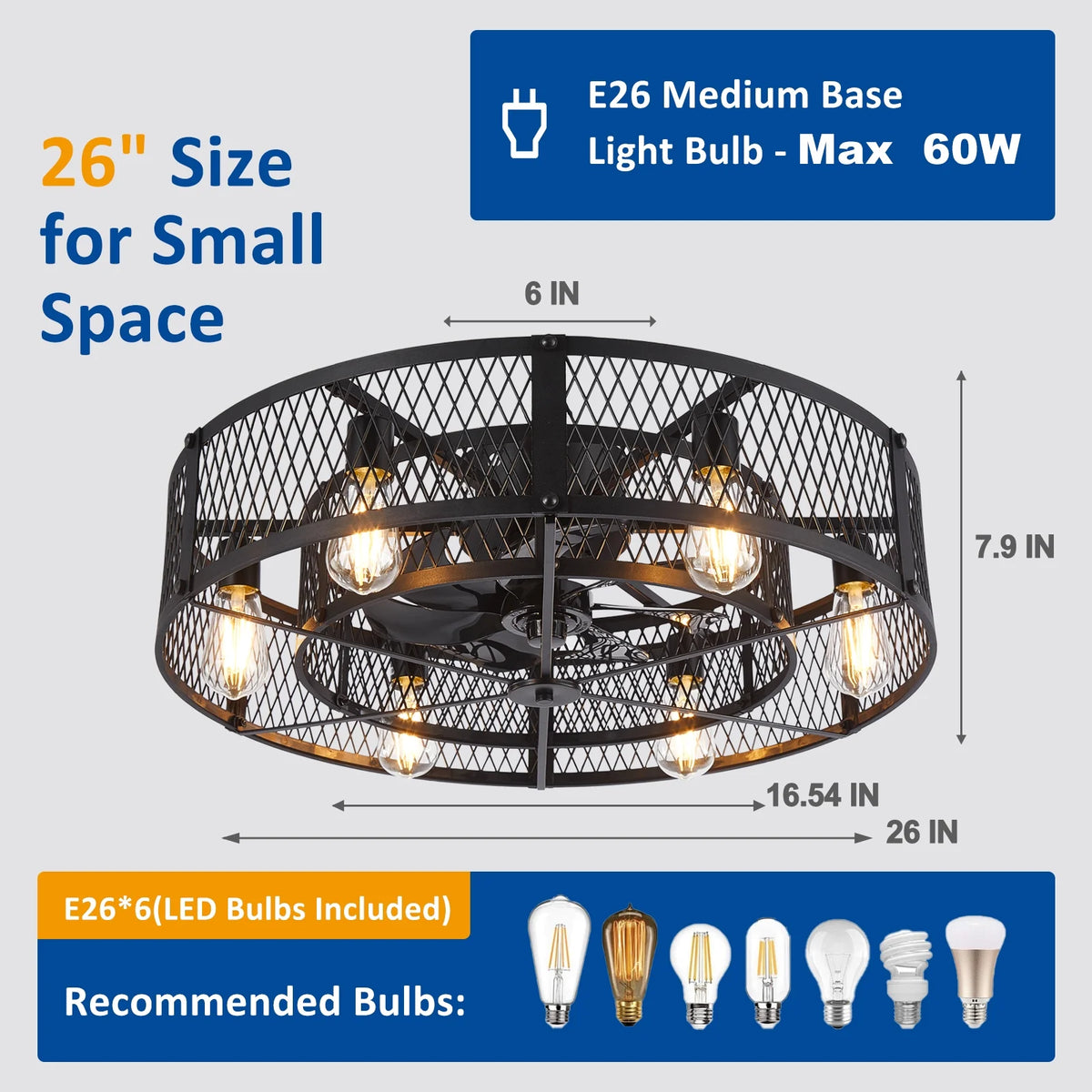 26-Inch Farmhouse Caged Ceiling Fan with Light, Remote & APP Control Quiet DC Motor E26 Bulbs Included Black