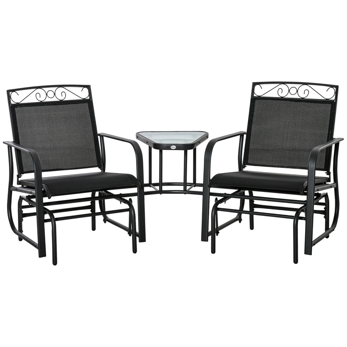 Outsunny Outdoor Glider Chairs with Coffee Table, Patio 2-Seat Rocking Chair Swing with Breathable Sling for Backyard, Garden and Porch, Black