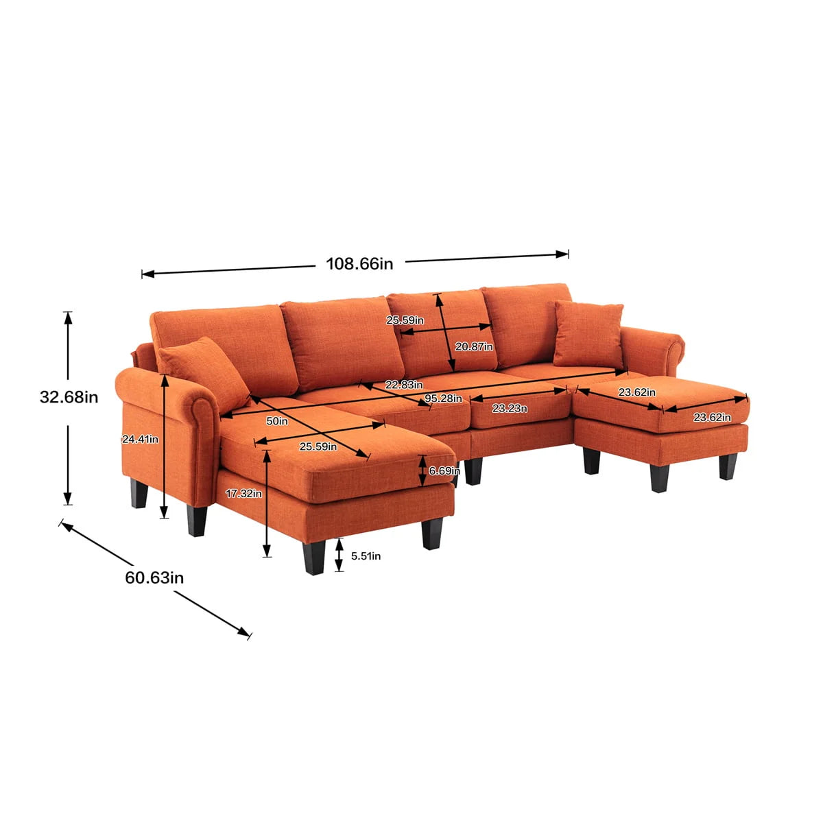 U-Shaped Sectional Sofa,Modular Sofa Set with Reversible Chaise and Ottoman,Living Room Sofa with Padded Cusions and Sturdy Legs,Multifunctional Sectional Sofa Couch for Living Room Office,Orange