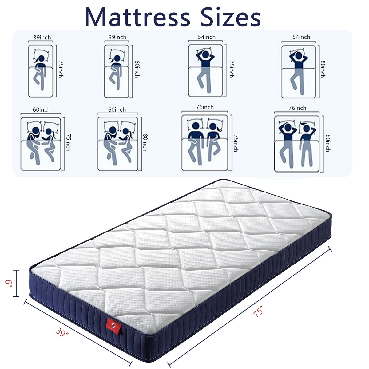 Twin Mattress,Hybrid Innerspring and Memory Foam Mattress in a Box,Medium Firm Support with Cooling Fabric,CertiPUR-US Certified,75"x39"x6",White+Blue