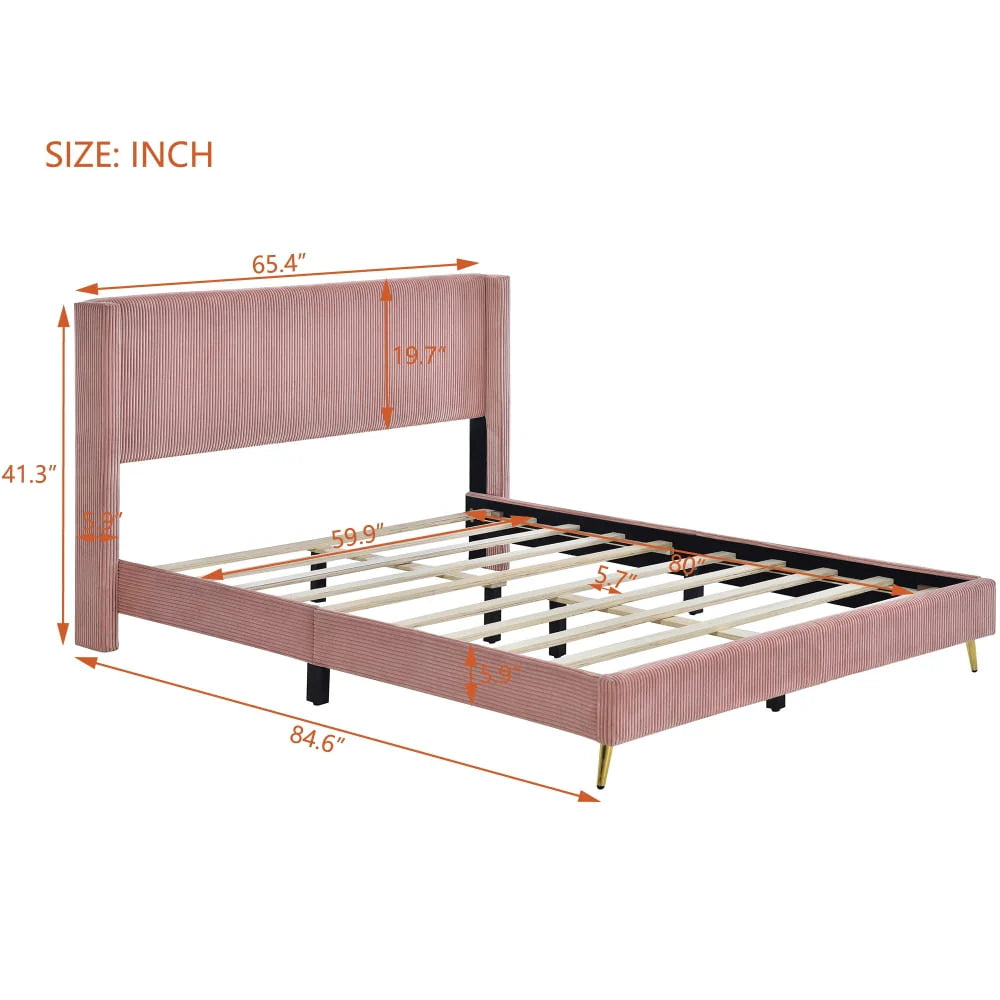 Queen Size Corduroy Platform Bed with Wingback Headboard,Wood Corduroy Platform Bed with Metal Legs and Slats Support,Upholstered Bed Frame for Kids Adult Bedroom,No Box Spring Needed,Pink