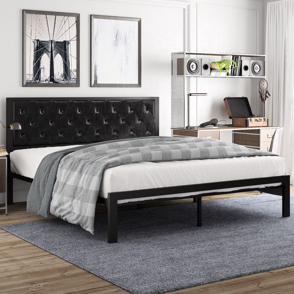 Amolife Twin Size Metal Bed Frame with Upholstered Headboard, Dark Gray