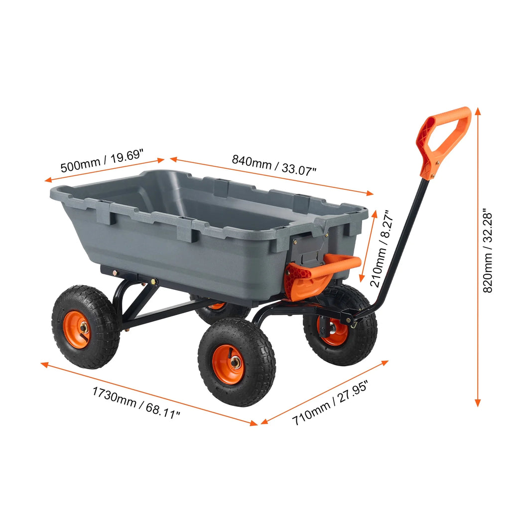 KFFKFF Garden Dump Cart, 35.8x19.5x8.2 in Dump Truck Cart, Max. 600lbs Load Capacity, 10in Rubber Tire, 180�� Adjustable Handle