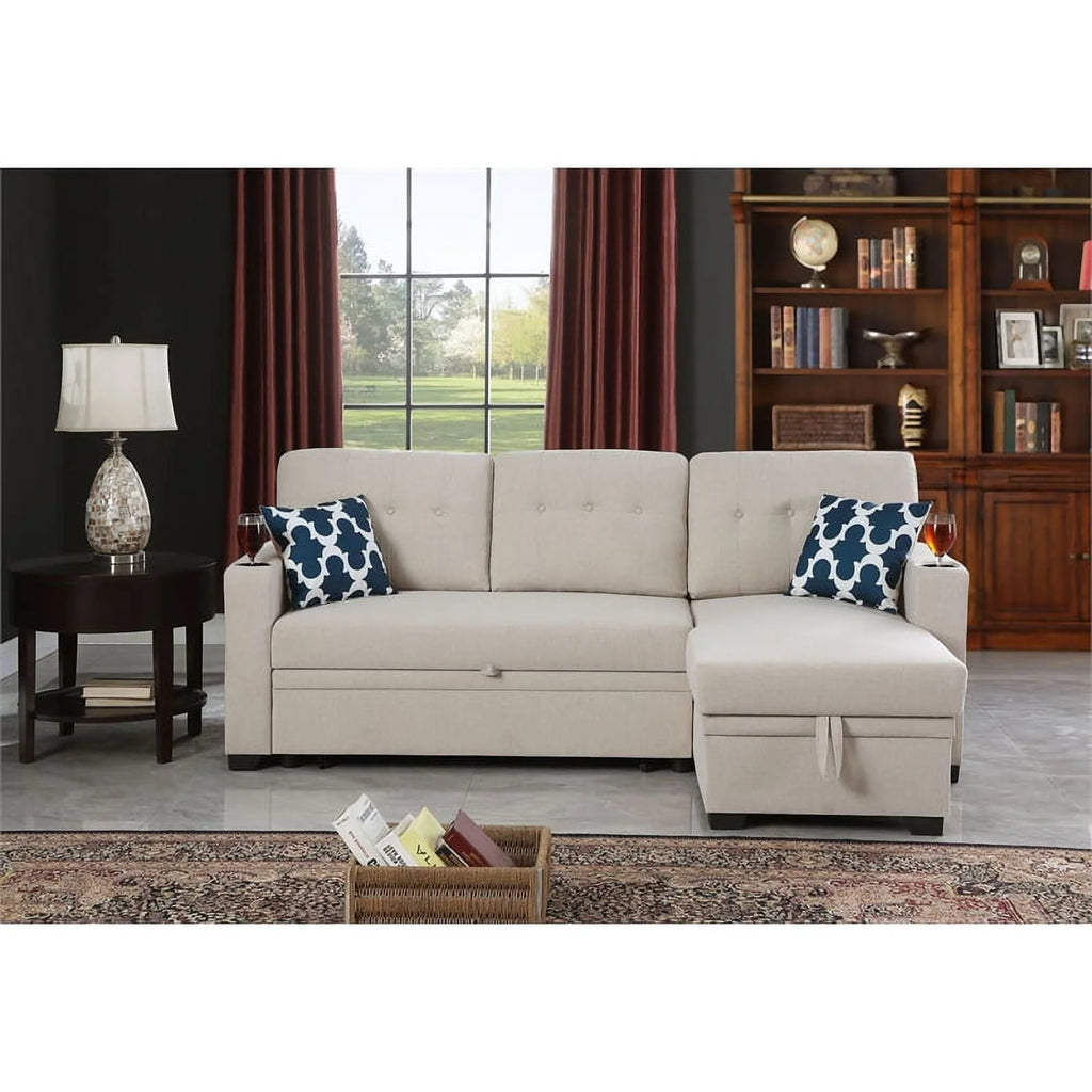 Reversible Fabric Sleeper Sofa Bed & Chaise with Cup Holder-Beige