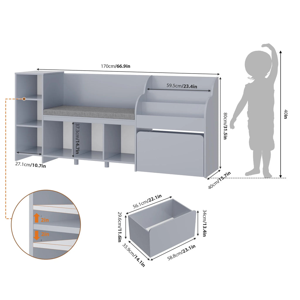 Homfa Kids Bookshelf with Reading Nook, 6 Shelf Bookcase with 1 Wood Toy Bin with 3 Tier Book Rack for Children Kidsroom