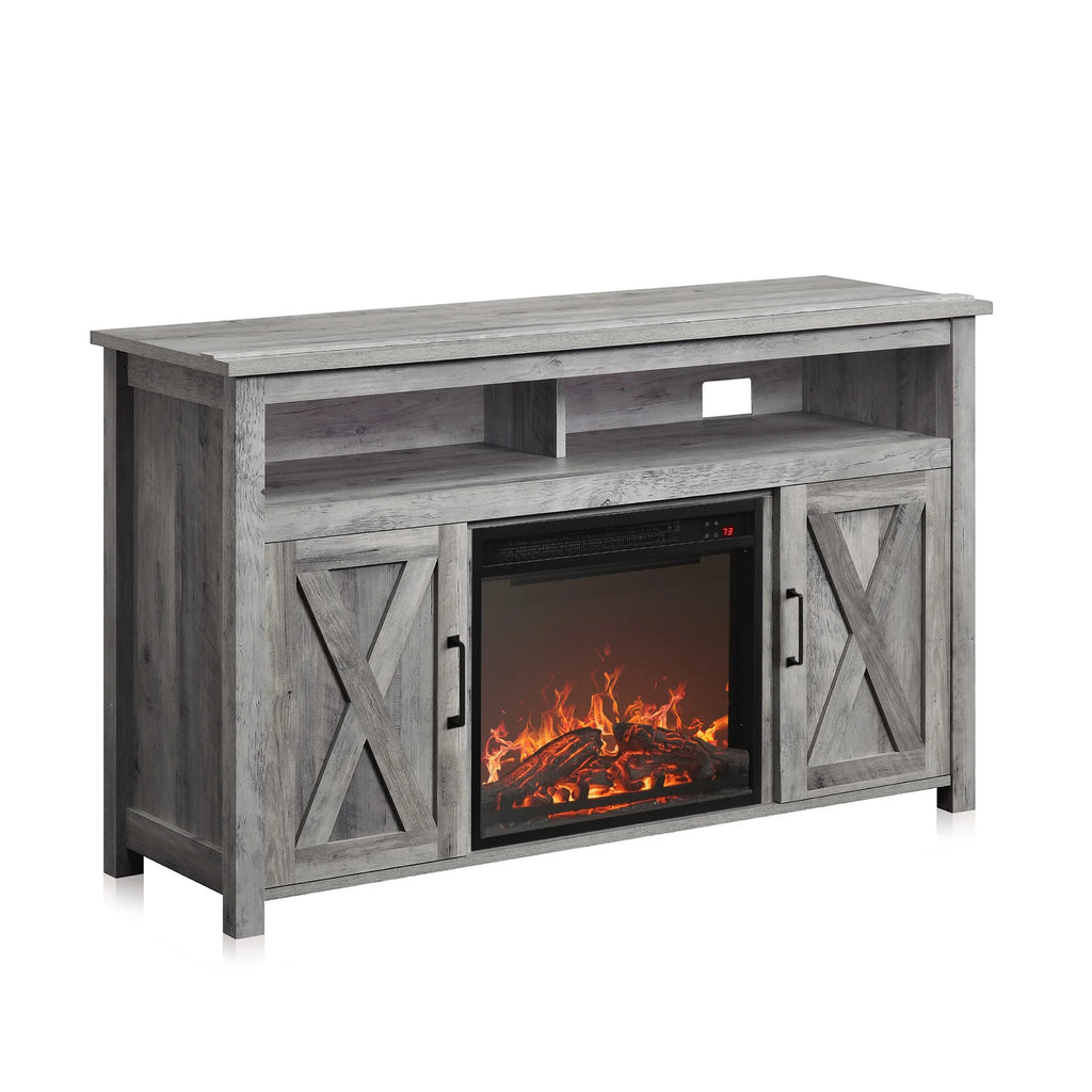 BELLEZE 58 Inch TV Stand, Contemporary Entertainment Center for TVs up to 65", Wood Media Console Table with Two Open Shelves and Barn Door Cabinets - Corin (White)