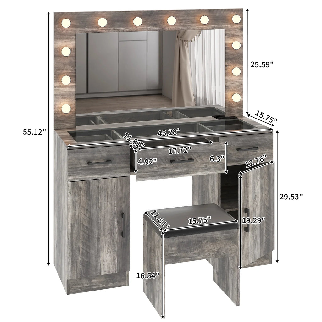 Ktaxon Large Makeup Vanity, Vanity Table Set w/ Visible Glass Top w/ Charging Station, White