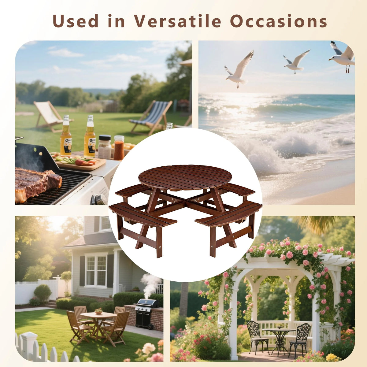 8 Person Wood Picnic Table, Outdoor Round Picnic Table with 4 Built-in Benches, Umbrella Hole, Outside Table and Bench Set for Patio, Backyard, 500lbs Capacity Per Bench