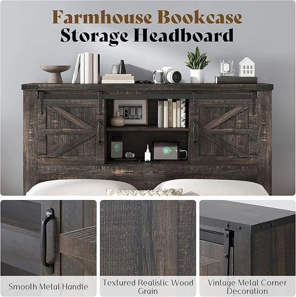 Merluxy Farmhouse Full Bed Frame with Storage Bookcase & Charging Station, Bedroom Furniture, Grey