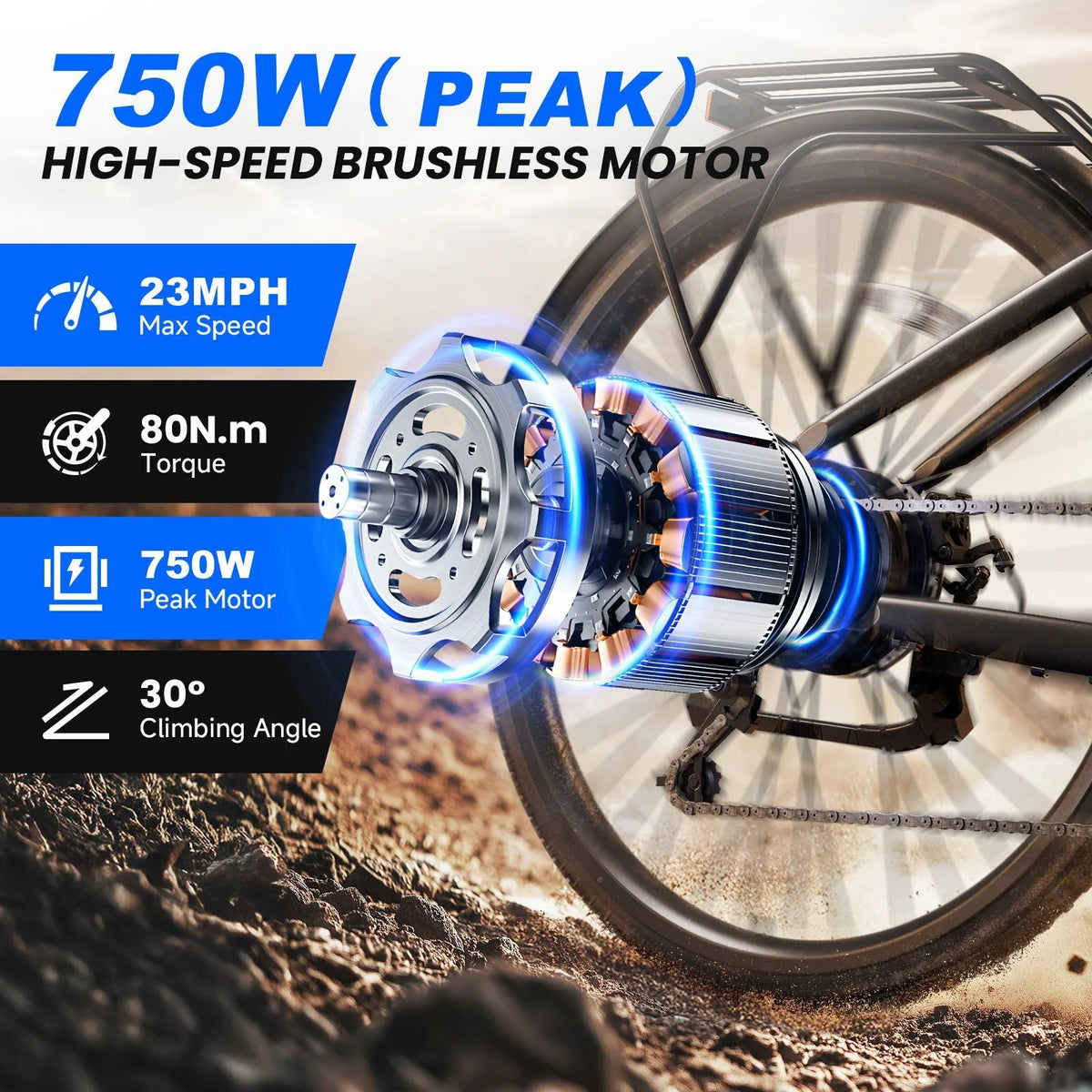 TST Electric Bike for Adults 26", Peak 750W Electric Bicycles with Fenders and Rear Rack, 60miles Long Range, E-Mountain Bike, 7-Speed, 10.4AH Battery, UL2849, APP Control