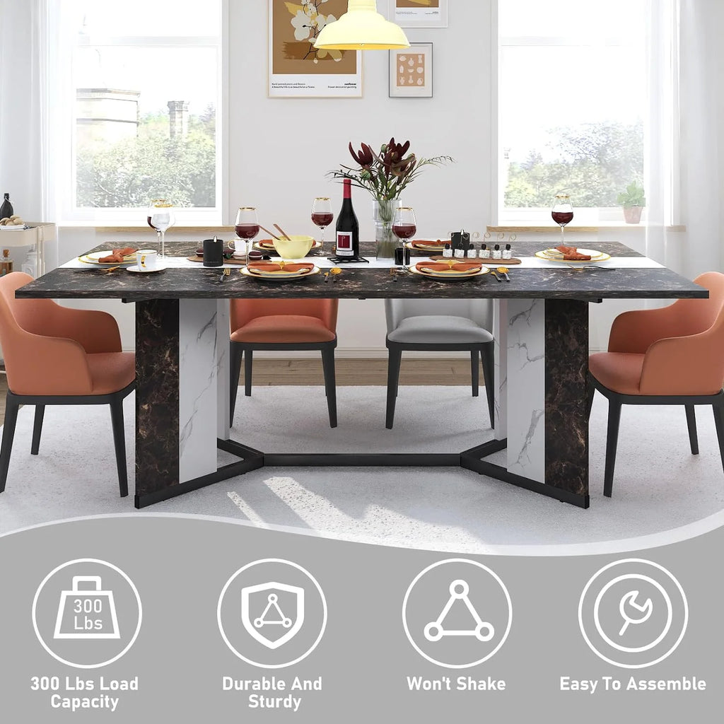 71 inch Large Rectangular Dining Table for 6-8 People, Dining Table with Marble-Color Wood Waterproof Tabletop and Adjustable Leg, 6ft Luxurious Family Dinner Table for Office Kitchen Living Room
