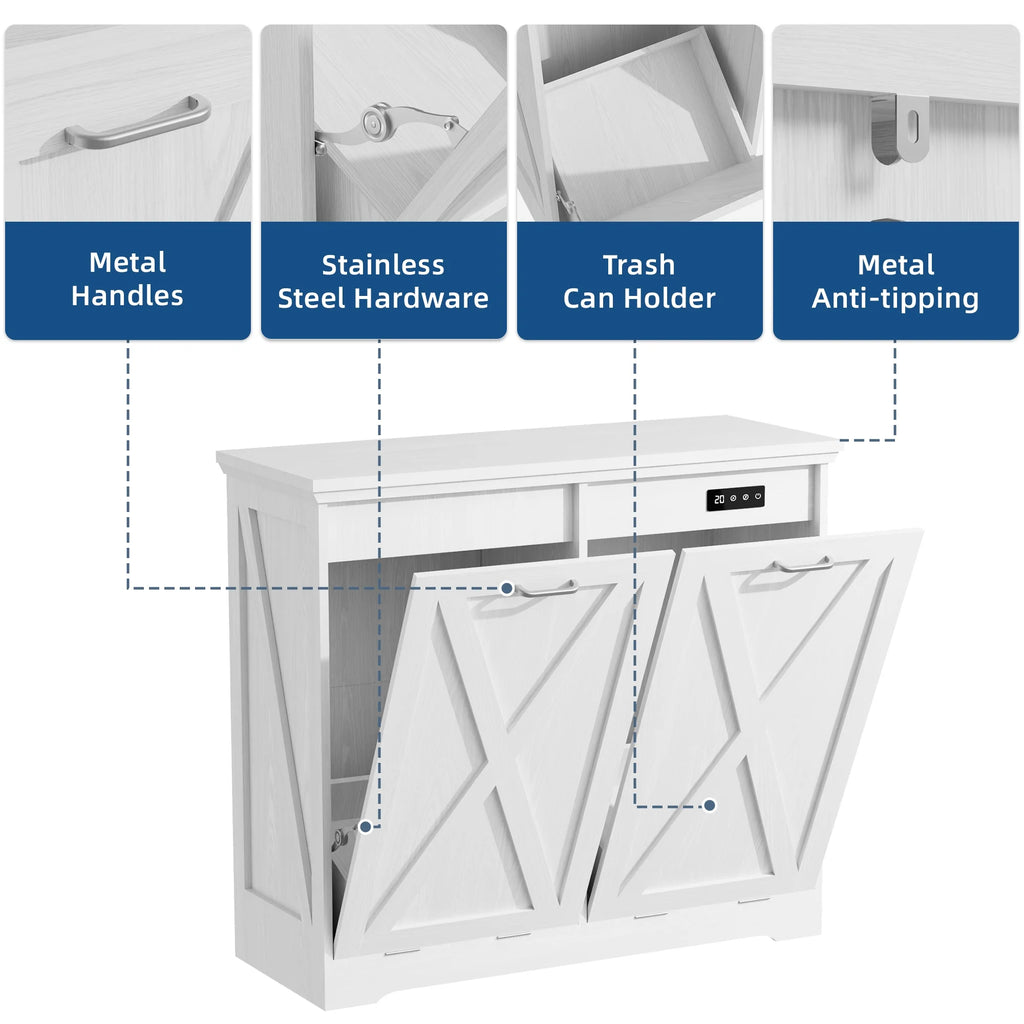 Tolead Double Tilt Out Trash Cabinet, Wooden Free Standing Laundry Sorter Cabinet, with Hideaway Drawer, White