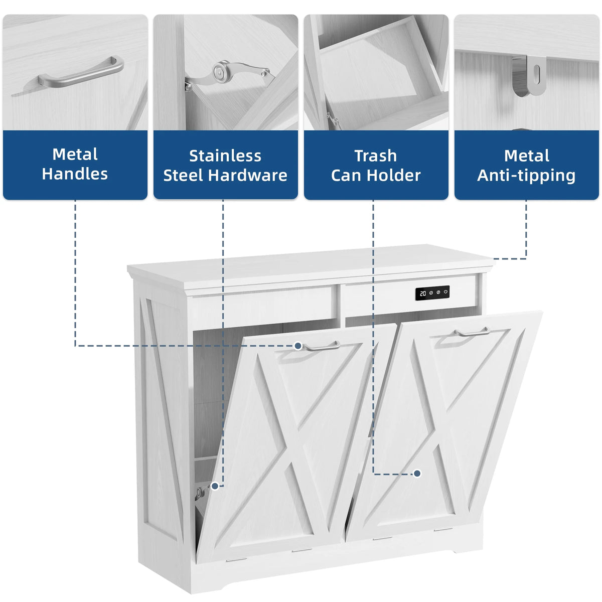 Tolead Double Tilt Out Trash Cabinet, Wooden Free Standing Laundry Sorter Cabinet, with Hideaway Drawer, White