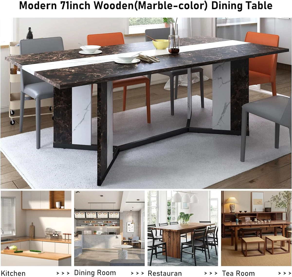 71 inch Large Rectangular Dining Table for 6-8 People, Dining Table with Marble-Color Wood Waterproof Tabletop and Adjustable Leg, 6ft Luxurious Family Dinner Table for Office Kitchen Living Room