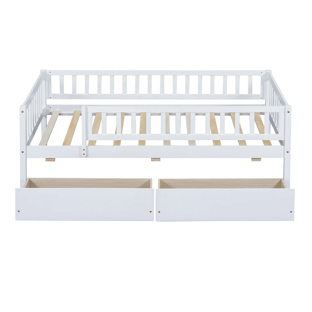 Holaki Twin Size Wood Bed with Guardrails and 2 Storage Drawers for Kids, Gray
