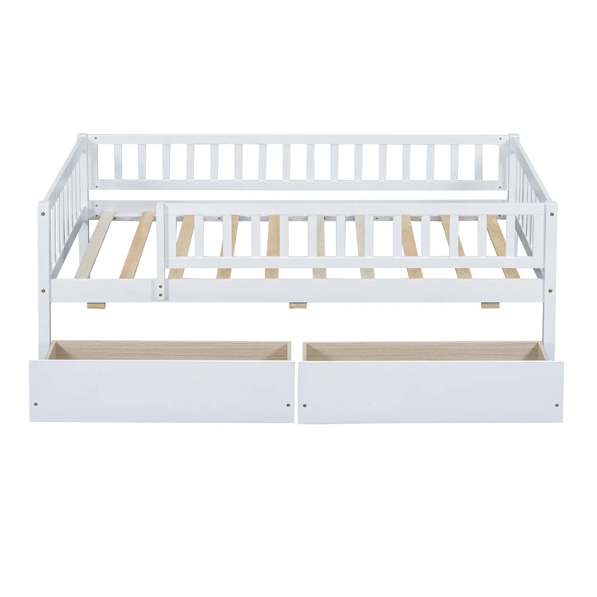 Holaki Twin Size Wood Bed with Guardrails and 2 Storage Drawers for Kids, Gray