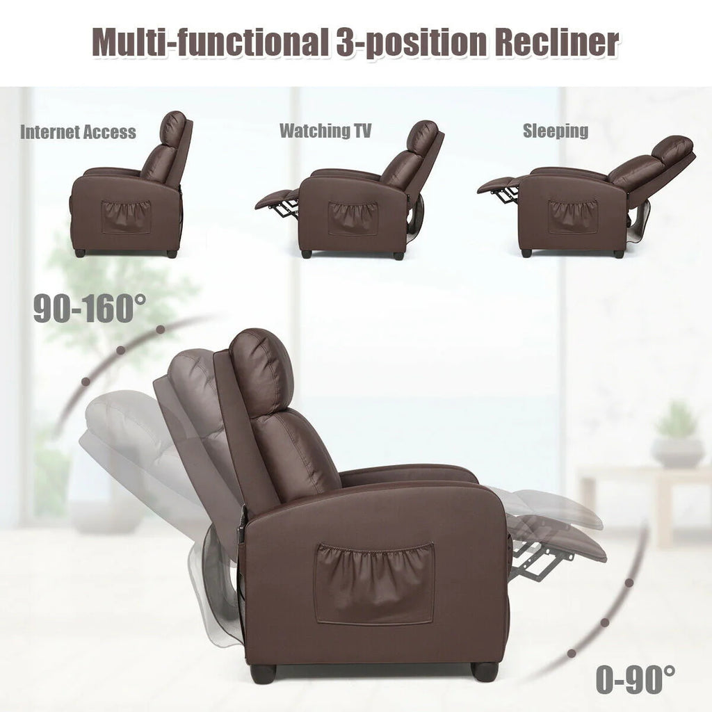Gymax Massage Recliner Chair Single Sofa PU Leather Padded Seat w/ Footrest Brown