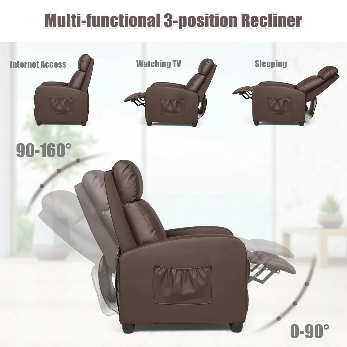 Gymax Massage Recliner Chair Single Sofa PU Leather Padded Seat w/ Footrest Brown