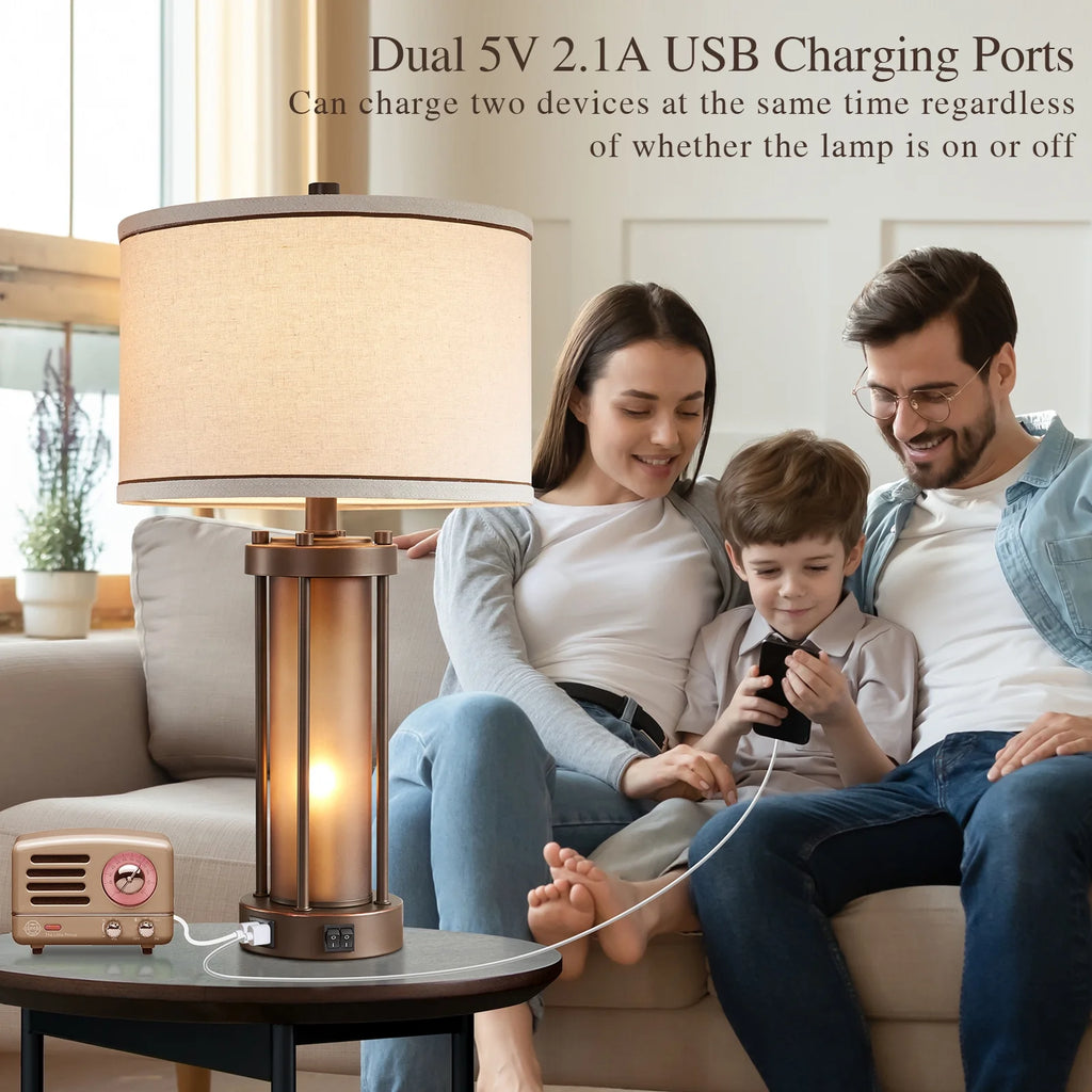 RORIA 24a?? Modern Living Room Table Lamp 2-Piece Set with 2 USB Charging Ports, Built-in White Frosted Glass with Night Light, Black Vintage Rustic Farmhouse Lamp for Bedroom Nightstand Lamps