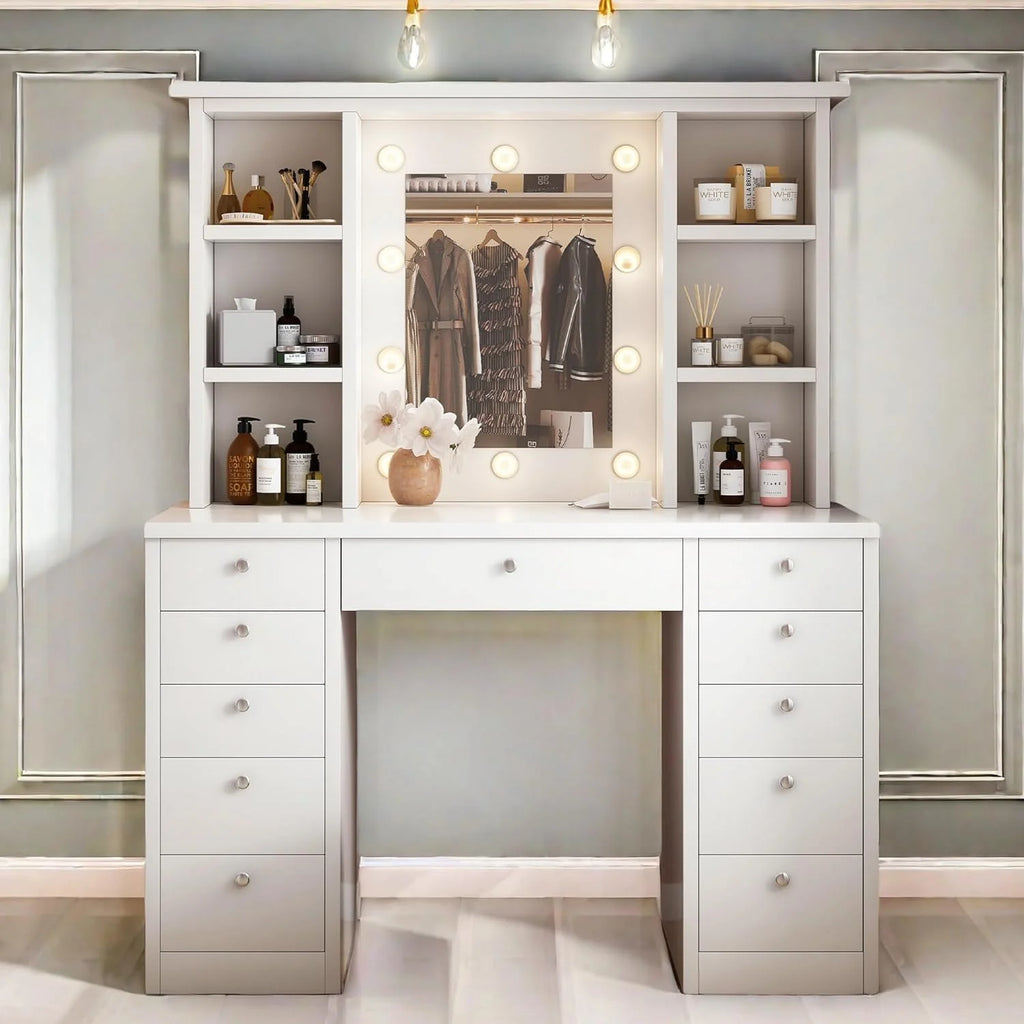 Makeup Vanity Desk with LED Mirror, 11 Drawers & Shelves, 3 Color Modes & Adjustable Brightness