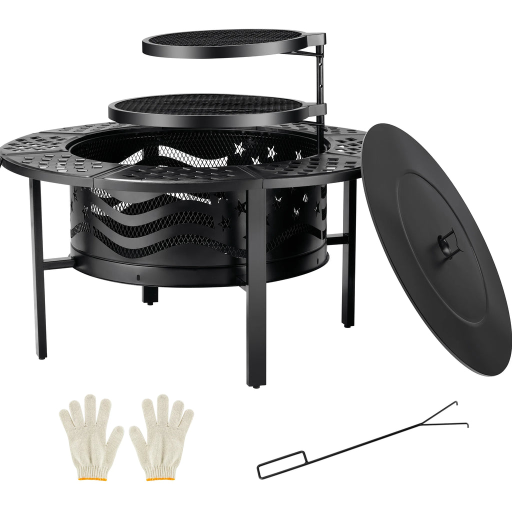 TrumanPick Fire Pit for Outside 42" Wood Burning Fire Pit Tables with 2 Adjustable Swivel BBQ Grills, Lid, Poker for Patio Backyard BBQ Ice Storage
